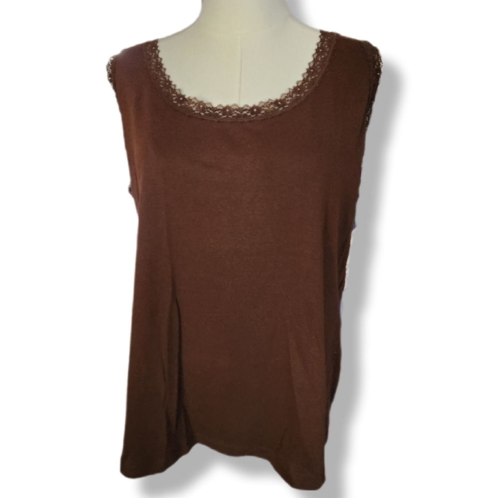 Jones New York Signature Woman Brown Cotton Lace Trim Tank Top 2X